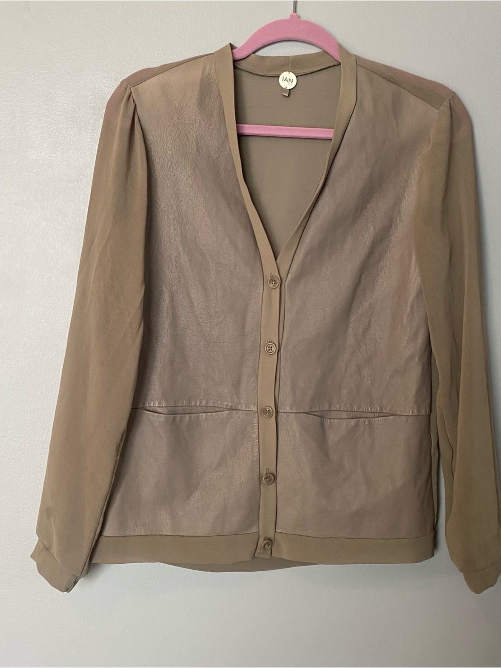 IAN R.N. Mixed media 100% Silk Leather Taupe Button-Front Blazer Jacket XS